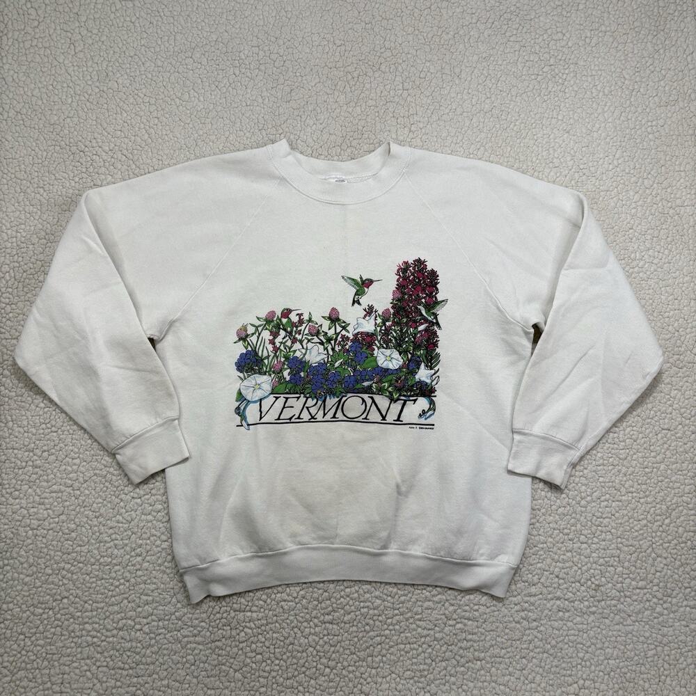 Vintage 90s Vermont Flowers‎ Crewneck Sweatshirt Size L Graphic Hummingbird FOTL